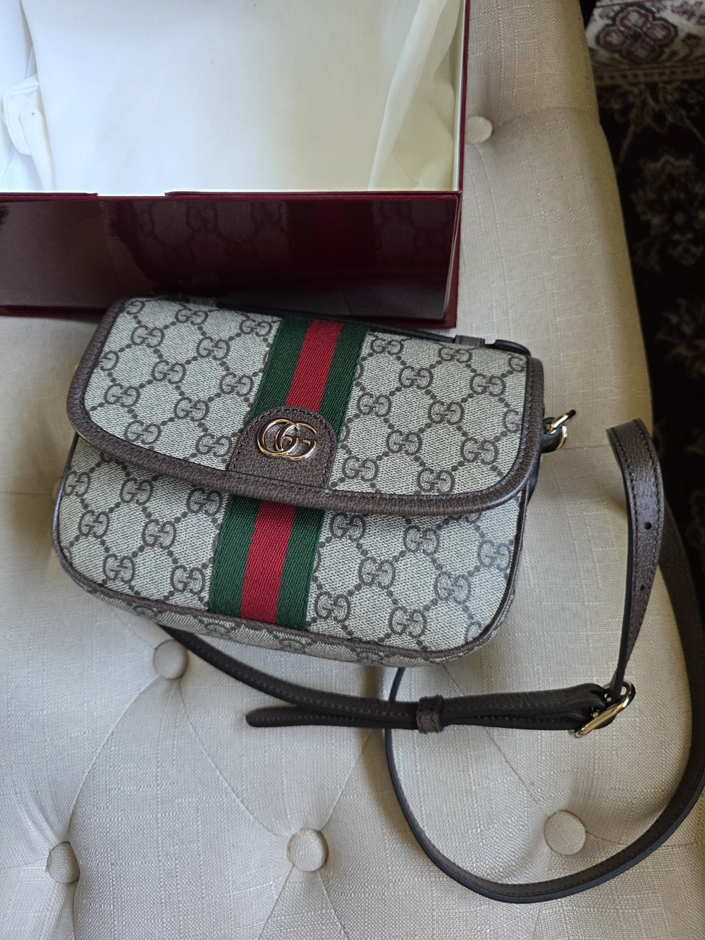 Gucci Ophidia Sml Top Handle GG Supreme Web Crossbody Beige Brown NEW w/Receipt